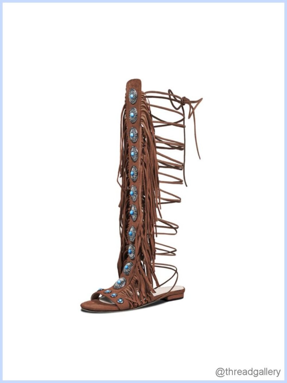 Boho Fringe Gladiator Sandals Knee-High Lace-Up Flat Faux Suede